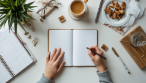 person writing in a journal and planning, organized workspace with planner and notebook, focused and calm atmosphere, overhead view of hands writing