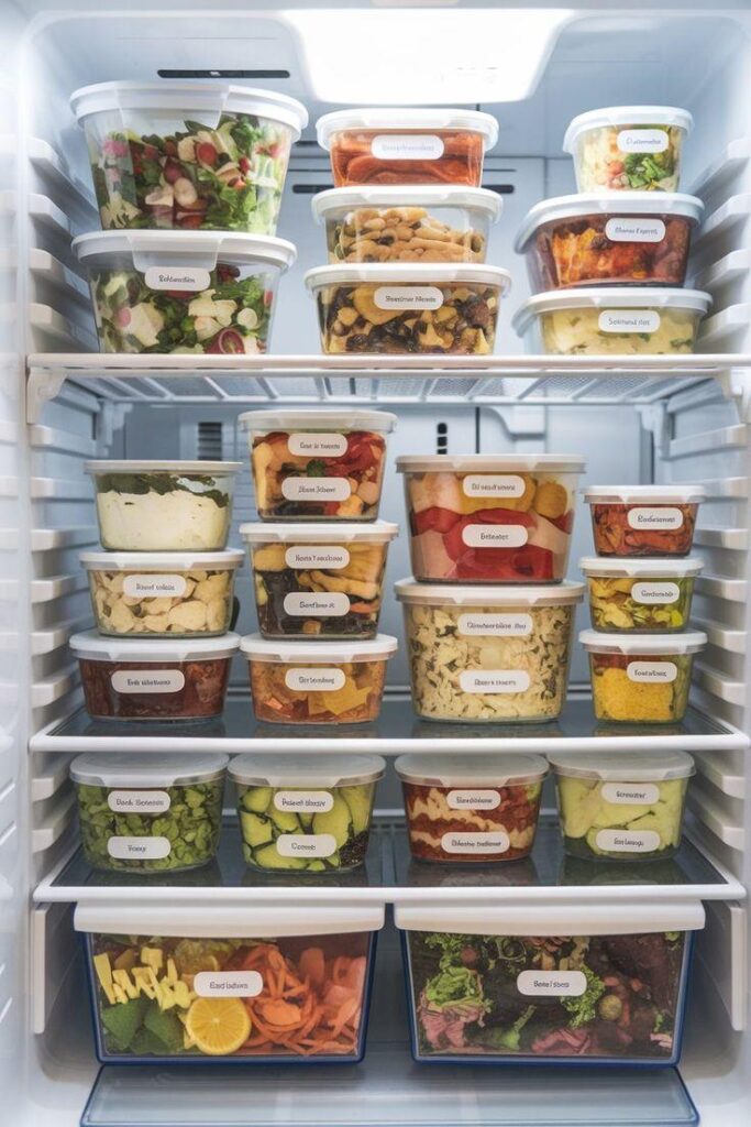 Healthy meal prep containers with chicken, rice, vegetables, and fruit.